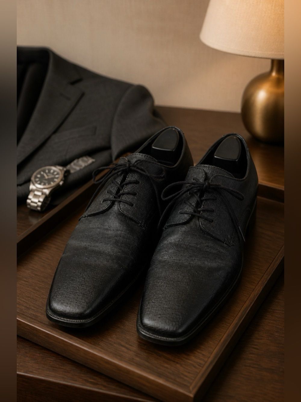Calvin Klein Classic Black Men's Leather Dress Shoes - Lace-Up Oxford -Gunther